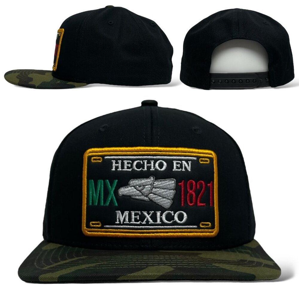 Hecho en Mexico Eagle Embroidered Snapback Cap, Flat Brim Black/Camo